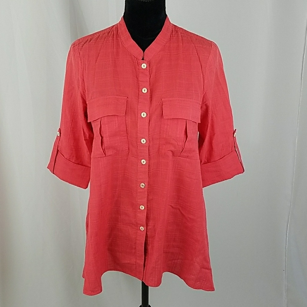 Fei Anthropologie women XS blouse Hi-Low button down tab sleeve career textured
